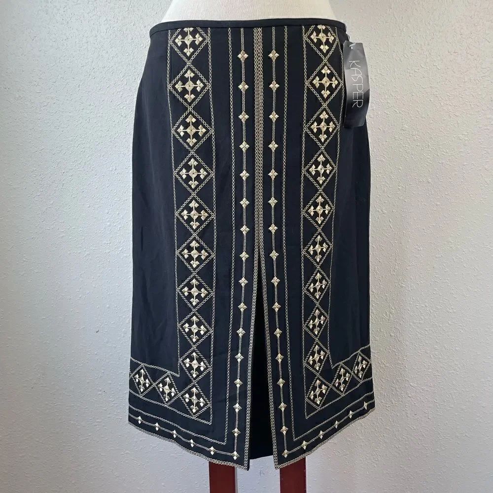 NWT Kasper Black and White Russian Style Midi Skirt Size 10